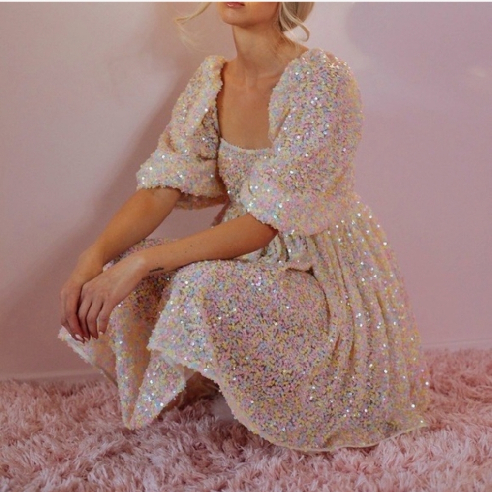 Selkie The Rainbow Sparkling Sequin Puff Sleeve Dress - Picture 10 of 16